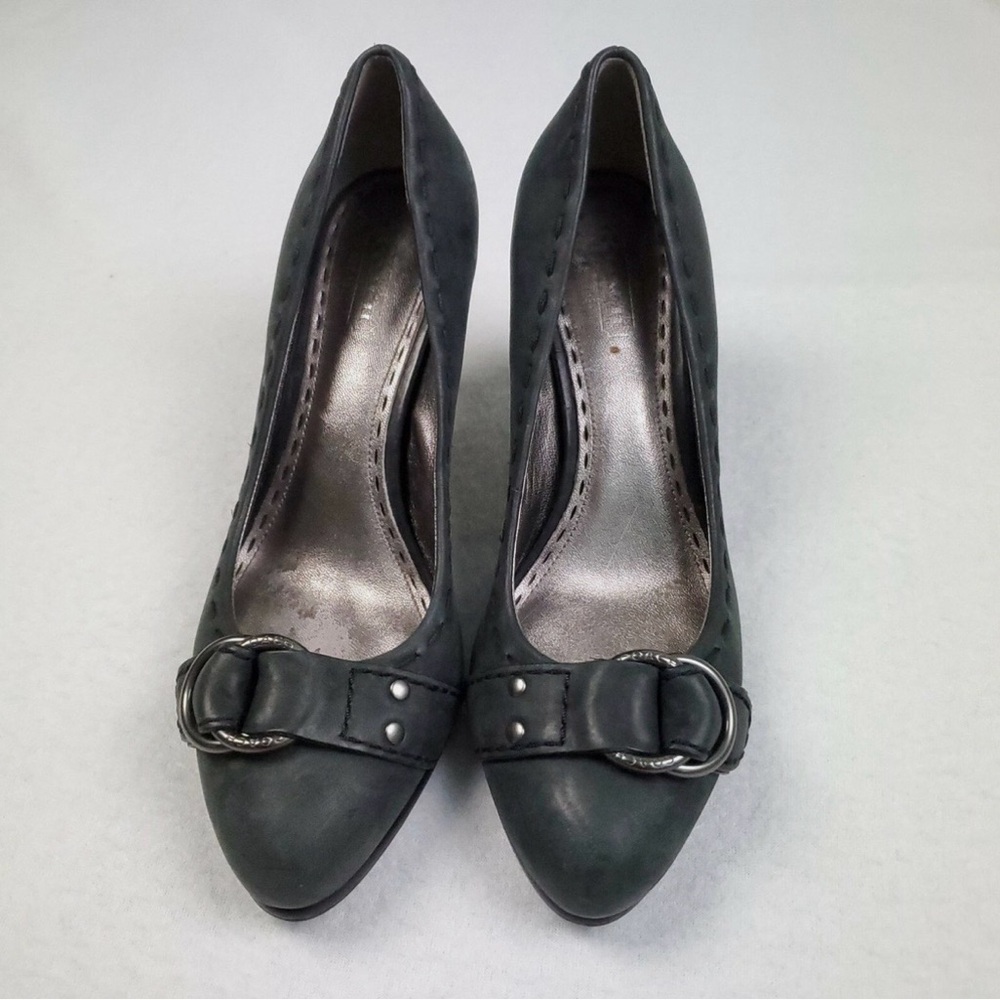 Coach Dinah Black Gray Leather Pump Heels Buckle WhipStitch size 7